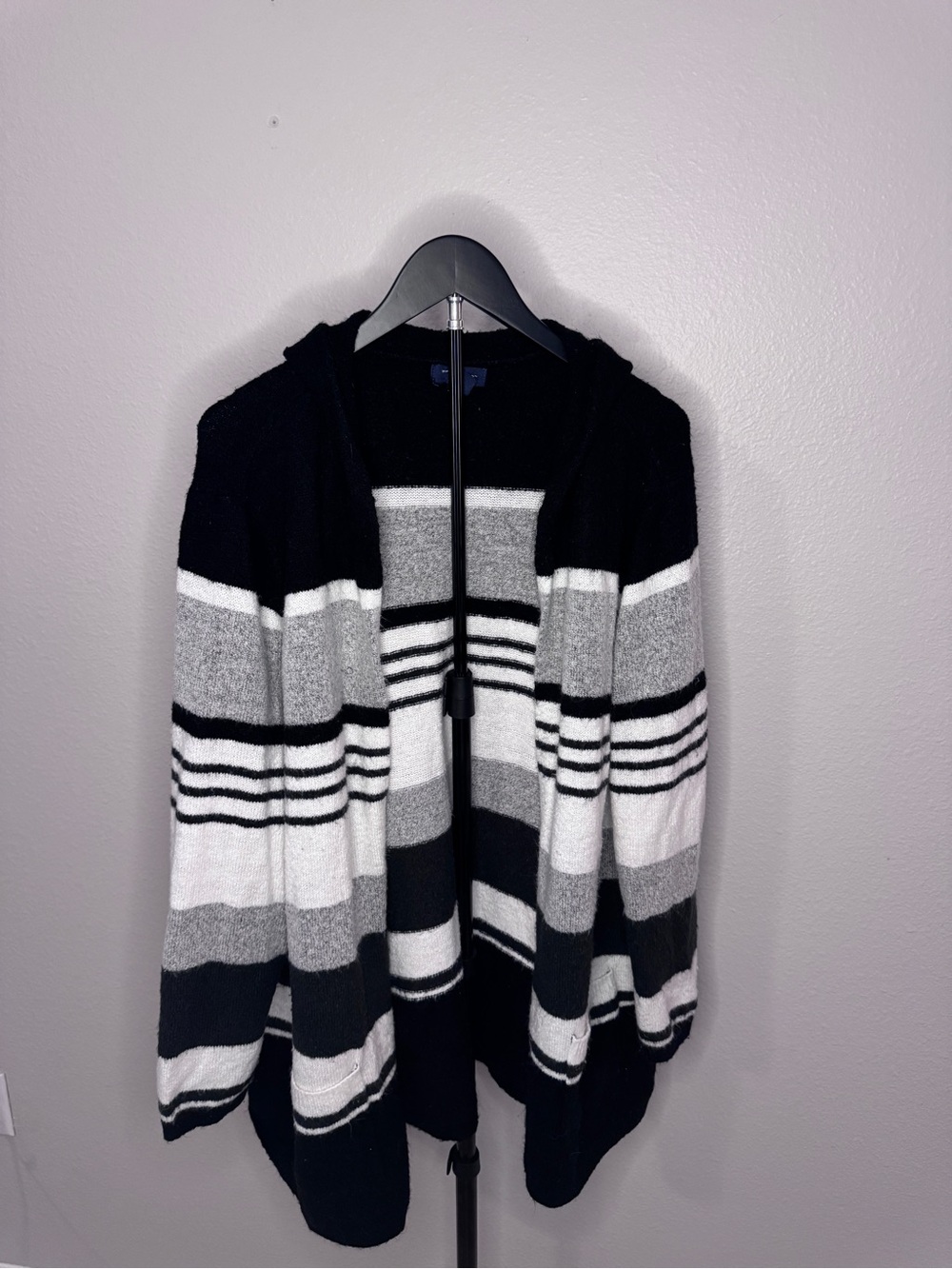 Striped Hooded Cardigan Sweater - Black, White & Gray